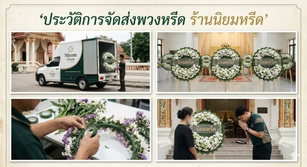 ภาพประมวลผลงาน ประวัติการจัดส่งพวงหรีด ร้านนิยมหรีด แสดงพวงหรีดดอกไม้สดทรงกลมสไตล์โมเดิร์น พร้อมบริการจัดส่งถึงศาลาวัดอย่างสุภาพ